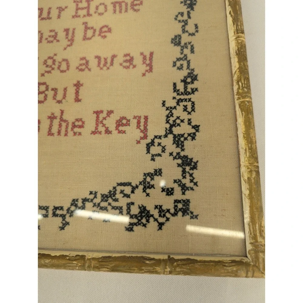 Vintage Cross Stitch Gold Faux Bamboo Frame Home Sweet Home Wall Art